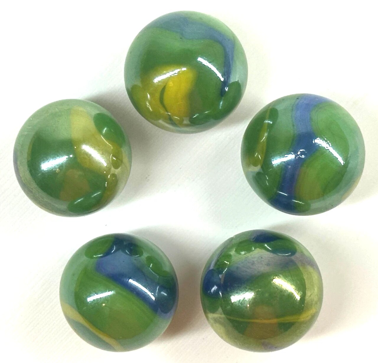 PEACOCK Green/Blue/Yellow Iridescent Glass Marbles 22mm (7/8 inch) SHOOTER Taw (Lot of 5)